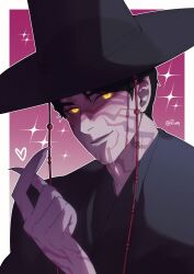  1boy artist_name black_hair black_hanbok border closed_mouth demon earrings finger_heart gat_(hat) gatkkeun glowing glowing_eyes hanbok hat heart highres jewelry jinu_(kpop_demon_hunters) korean_clothes korean_traditional_hat kpop_demon_hunters lips male_focus purple_background rioeq short_hair slit_pupils smile solo upper_body white_border yellow_eyes 