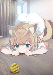  1girl 40hara :3 animal_ear_fluff animal_ears aqua_eyes blonde_hair cat_ears cat_girl cat_tail cat_teaser double-parted_bangs feral_instincts highres indoors kinako_(40hara) long_hair looking_at_object motion_lines name_tag original oversized_clothes oversized_shirt paw_pose shirt solo t-shirt tail top-down_bottom-up white_shirt 