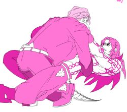 2boys diamond_wa_kudakenai diavolo dry_humping formal_clothes humping jojo_no_kimyou_na_bouken kira_yoshikage lipstick long_hair makeup male_focus morikawa_toshiyuki morikiri multiple_boys pink_theme polka_dot_hair suit vento_aureo voice_actor_connection yaoi 