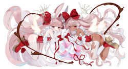  2girls :d :o absurdres animal_ear_fluff animal_ears anno_aano bare_shoulders bow breasts brown_hair commentary_request dark-skinned_female dark_skin elbow_gloves fang gloves hair_bow hair_ornament highres leotard long_hair multiple_girls open_mouth original parted_lips rabbit_ears red_bow red_eyes red_leotard red_shoes shoe_soles shoes simple_background single_thighhigh small_breasts smile thighhighs torn_clothes torn_thighhighs two_side_up very_long_hair white_background white_gloves white_thighhighs x_hair_ornament  rating:Sensitive score:5 user:danbooru