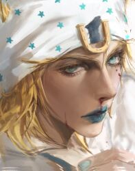  1boy absurdres beanie blonde_hair blood blood_on_face blue_eyes blue_lips blue_nails commentary_request eyelashes hat highres hood hood_down hoodie horse_print horseshoe_hat_ornament horseshoe_ornament johnny_joestar jojo_no_kimyou_na_bouken looking_at_viewer makeup male_focus medium_hair nosebleed parted_lips portrait rjwkd3 solo star_(symbol) star_print steel_ball_run white_hat white_hoodie 