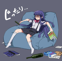 1girl black_skirt blue_hair blunt_bangs book bottle bow commentary_request couch furude_rika grey_background higurashi_no_naku_koro_ni holding kneehighs long_hair lying no_shoes noriuma on_back open_book pillow pink_bow pleated_skirt shaded_face shirt_tucked_in short_sleeves skirt socks solo suspender_skirt suspenders translation_request white_socks rating:Sensitive score:14 user:danbooru