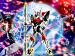  1990s_(style) armor earth_(planet) highres holding holding_weapon luna_rune mecha morikawa_toshiyuki planet power_armor power_suit retro_artstyle robot science_fiction space tatsunoko_pro tekkaman_blade tekkaman_blade_(character) weapon 