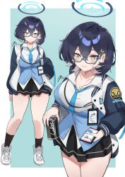 1girl absurdres aqua-framed_eyewear aqua_background black_jacket black_skirt black_socks blue_archive blue_hair blue_halo blue_necktie blue_sweater_vest border breasts can canned_coffee cellphone chihiro_(blue_archive) closed_mouth collared_shirt cowboy_shot drink_can full_body glasses grey_eyes hair_ornament halo hand_in_pocket hands_up highres holding holding_can holding_phone id_card jacket lanyard large_breasts long_sleeves looking_at_viewer medium_hair miniskirt multicolored_jacket multiple_views necktie open_clothes open_jacket phone pleated_skirt puffy_long_sleeves puffy_sleeves rabbit_hair_ornament semi-rimless_eyewear shirt shoes signature simple_background skirt smartphone smile sneakers socks standing sweater_vest thighs two-tone_jacket under-rim_eyewear white_border white_jacket white_shirt white_shoes zet_(twt_zet) 