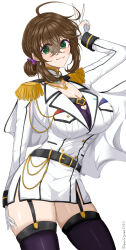  1girl ahoge arm_up black_garter_straps black_thighhighs braid breasts chamumi_(mochiumee) cleavage epaulettes female_admiral_(kancolle) garter_straps gloves highres jacket kantai_collection long_hair long_sleeves military military_uniform naval_uniform thighhighs white_gloves white_jacket 