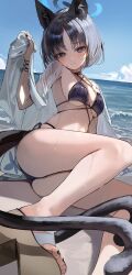  1girl absurdres animal_ears animal_ears_(norankkori) beach bikini black_bikini black_choker black_eyes black_hair black_nails black_tail blue_archive blue_bikini blue_halo blush breasts cat_ears cat_girl cat_tail choker cloud criss-cross_straps halo highres kikyou_(blue_archive) kikyou_(swimsuit)_(blue_archive) layered_bikini looking_at_viewer medium_breasts multiple_tails official_alternate_costume sandals short_hair sky solo string_bikini swimsuit tail thighs two_tails wet 
