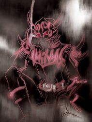 1boy arm_up armor bad_id bad_pixiv_id black_armor kamen_rider kamen_rider_den-o_(series) kameria leg_up legs_apart male_focus monster monster_boy negataros on_ground oni red_eyes red_lining red_markings shackled sitting sketch