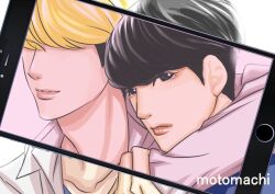  2boys arm_around_neck artist_name black_eyes black_hair blonde_hair cellphone_photo hair_over_eyes hong_jae-yeol lookism male_focus motomachi multicolored_hair multiple_boys park_hyung-suk selfie two-tone_hair  rating:General score:0 user:Gox