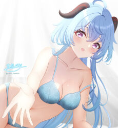  1girl absurdres ahoge blue_bra blue_hair blue_panties blush bra breasts cleavage collarbone commentary_request dress ganyu_(genshin_impact) genshin_impact goat_horns hair_between_eyes highres horns hyakuya_iori indoors long_hair looking_at_viewer medium_breasts navel open_mouth outstretched_arm panties purple_eyes signature solo stomach strap_slip twitter_username underwear very_long_hair 
