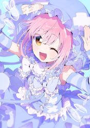  1girl :d arm_warmers arms_up blue_background blue_dress blurry bow collared_dress depth_of_field dress frilled_bow frilled_dress frills hat highres hinamori_amu looking_at_viewer mob_cap nail_polish one_eye_closed open_mouth paru_rari pink_hair short_hair shugo_chara! simple_background sleeveless sleeveless_dress smile solo striped_arm_warmers watermark white_bow yellow_eyes 