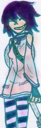  1girl blue_hair female_focus gorillaz guitar happy highres instrument long_image nazo noodle_(gorillaz) plastic_beach purple_hair simple_background smile solo tall_image thighhighs  rating:Sensitive score:7 user:NazoNazo