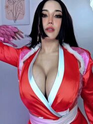 1girl animated animated_gif ariacosplay black_hair boa_hancock boa_hancock_(cosplay) bouncing_breasts breasts breasts_out cosplay female_focus large_breasts looking_at_viewer nipples one_piece photo_(medium) real_life self_exposure solo