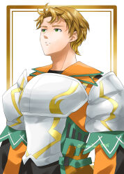 1boy absurdres boucheron_(fire_emblem) brown_hair fire_emblem fire_emblem_engage green_eyes green_trim grey_armor highres looking_to_the_side male_focus midori_no_baku nintendo orange_shirt shirt short_hair solo 