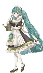  1girl alternate_costume alternate_hairstyle apron aqua_eyes aqua_hair black_shoes blush braid closed_mouth commentary_request dress floral_print fortissimo frilled_apron frilled_dress frilled_hairband frilled_sleeves frills full_body gloves hair_ornament hairband hatsune_miku highres holding holding_watering_can long_hair looking_at_viewer maid maid_apron maid_headdress mallow_(di_fushang) musical_note musical_note_hair_ornament pantyhose puffy_short_sleeves puffy_sleeves rose_print shoes short_sleeves simple_background smile solo twin_braids twintails very_long_hair vocaloid watering_can white_apron white_gloves white_pantyhose 