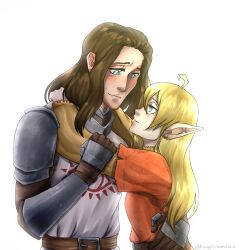  1boy 1girl armor blonde_hair blue_eyes brown_hair commission commissioner_upload dress earrings elf eye_symbol flat_chest highres imminent_kiss jewelry knight long_hair lotte_farona medieval official_art orange_dress pierogizzasmazka pointy_ears stephanus_tavilrond sun_symbol ways_of_darkness_(series) 