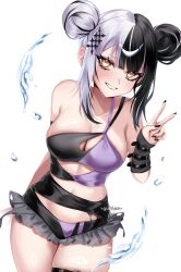  1girl absurdres artist_name bare_shoulders bikini black_bikini black_hair black_nails blush breasts bubble commentary cowboy_shot double_bun english_commentary frilled_bikini frills grey_hair grin gumae hair_bun hair_ornament highres hololive hololive_english large_breasts looking_at_viewer multicolored_bikini multicolored_hair nail_polish official_alternate_costume official_alternate_hairstyle purple_bikini shiny_skin shiori_novella shiori_novella_(holonatsu_paradise) sidelocks simple_background smile solo sparkling_eyes split-color_hair standing swimsuit two-tone_bikini two-tone_hair v very_long_fingernails virtual_youtuber white_background yellow_eyes 