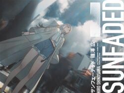  1girl coat crowd denim denim_shorts expressionless film_grain gakuen_idolmaster grey_hair idolmaster long_hair official_art orange_eyes photo_background shinosawa_hiro shorts sky solo_focus song_name sowichi 