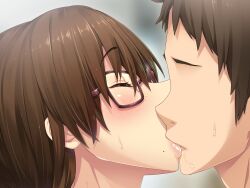  1boy 1girl blush brown_hair faceless faceless_male game_cg glasses kanojo_wa_dare_to_demo_sex_suru kiss orcsoft sakurai_erika sanagi_torajirou 