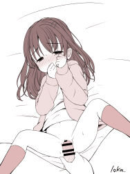  1boy 1girl arms_up artist_name bar_censor bed bed_sheet blush bottomless censored clothed_female_nude_male dot_nose hair_ornament hairclip half-closed_eyes helpless hetero highres imminent_penetration kakari_roka loli long_hair long_sleeves looking_at_viewer lying monochrome navel no_panties nude on_back on_bed penis pov pov_hands pussy rape socks solo_focus spread_legs sweat tears veins veiny_penis  rating:Explicit score:249 user:Rorireipu