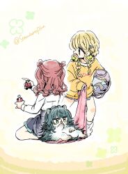  2girls animalization blonde_hair blue_overskirt blue_skirt braid brown_hair cabocha8 commentary fujita_kotone gakuen_idolmaster green_hair grooming hanami_saki hand_gripper hatsuboshi_gakuen_school_uniform highres idolmaster laundry laundry_basket long_hair looking_to_the_side multiple_girls pointing school_uniform shirt skirt socks symbol-only_commentary tsukimura_temari twin_braids twitter_username white_shirt white_socks yellow_shirt 