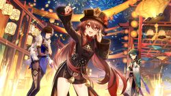 1boy 2girls :d absurdres ahoge arm_up asymmetrical_gloves black_gloves black_hair black_headwear black_nails black_pants black_shirt blue_hair blunt_bangs brown_hair commentary_request cowboy_shot crossed_arms feet_out_of_frame fireworks fur-trimmed_jacket fur_trim genshin_impact gloves gradient_hair green_hair grin hand_up highres hu_tao_(genshin_impact) jacket jacket_on_shoulders leggings long_sleeves looking_at_viewer mismatched_gloves multicolored_hair multiple_girls nail_polish night night_sky official_art open_mouth outdoors pants parted_lips red_eyes second-party_source shirt short_hair sky sleeveless smile standing thighs white_gloves white_shirt wide_sleeves xiao_(genshin_impact) yelan_(genshin_impact) rating:Sensitive score:19 user:danbooru