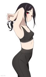  1girl absurdres adjusting_hair armpits black_hair black_pants black_sports_bra breasts closed_mouth collarbone coro_fae covered_erect_nipples cowboy_shot expressionless from_side head_tilt high-waist_pants highres kaguya-sama_wa_kokurasetai_~tensai-tachi_no_renai_zunousen~ leggings light_blush long_hair looking_at_viewer midriff paid_reward_available pants red_eyes shinomiya_kaguya sidelocks simple_background small_breasts solo sports_bra sportswear twitter_username white_background  rating:Sensitive score:171 user:danbooru