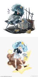  1girl absurdres blue_hair blue_skin colored_skin copyright_notice crossover cui_pi_zha_xia_qiu dog full_body girls&#039;_frontline green_jacket hair_ornament heart_out_of_chest highres hoshikawa_lily idol jacket long_hair long_sleeves looking_at_viewer official_art one_eye_closed open_mouth pleated_skirt red_eyes romero_(zombie_land_saga) sitting skirt smile solo standing standing_on_one_leg star_(symbol) star_hair_ornament stuffed_animal stuffed_toy teddy_bear twintails watermark weibo_username weibo_watermark white_skirt yellow_eyes zombie zombie_land_saga 