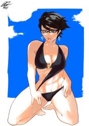  1girl alfdavinchi bayonetta bayonetta_(series) bikini black-framed_eyewear black_bikini black_hair blue_background breasts cleavage collarbone commentary commission earrings english_commentary full_body glasses highres jewelry kneeling mole mole_under_eye short_hair signature solo swimsuit 