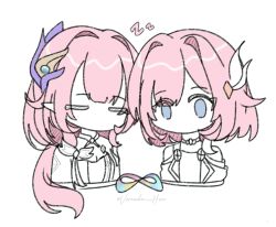  2girls blue_eyes breasts cleavage closed_mouth color_connection commentary company_connection corset cropped_torso cyrene_(honkai:_star_rail) dress elf elysia_(honkai_impact) elysia_(miss_pink_elf)_(honkai_impact) hair_color_connection hair_ornament highres honkai:_star_rail honkai_(series) honkai_impact_3rd infinity_symbol inoue_marina long_hair multiple_girls partially_colored pink_hair pointy_ears short_hair twitter_username veronika_hir0 voice_actor_connection yanning zzz 