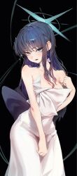  1girl apopo armpit_crease bare_shoulders black_background black_hair blue_archive blue_eyes blue_hair blue_halo blush bow bow_choker breasts choker cleavage clenched_hand collarbone colored_inner_hair commentary_request cowboy_shot cross_halo dress earrings eyelashes formal_clothes hair_behind_ear halo hand_up highres jewelry korean_commentary large_breasts looking_at_viewer multicolored_hair official_alternate_costume official_alternate_hairstyle open_mouth saori_(blue_archive) saori_(dress)_(blue_archive) sidelocks simple_background solo straight_hair strapless strapless_dress teeth upper_teeth_only white_bow white_choker white_dress 