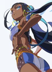  1girl absurdres aqua_hair armlet ass belly_chain bike_shorts bikini black_hair blue_eyes blue_eyeshadow breasts cropped_legs dark-skinned_female dark_skin earclip earrings eyeshadow hair_bun highres hoop_earrings jewelry long_hair makeup medium_breasts multicolored_hair necklace nessa_(pokemon) nintendo pokemon pokemon_swsh single_hair_bun swimsuit tankini two-tone_hair yoneyama_mai  rating:Sensitive score:46 user:danbooru