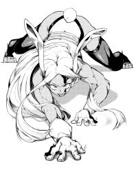  1girl absurdres all_fours animal_ears blood blood_on_face boku_no_hero_academia full_body gloves greyscale hatohane_(tonnkotubird) highleg highleg_leotard highres injury leotard long_hair looking_at_viewer mirko monochrome rabbit_ears rabbit_tail solo tail thighhighs 