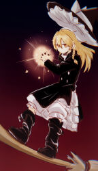  1girl apron black_boots blonde_hair boots bow braid broom broom_surfing closed_mouth commentary english_commentary forbidden_scrollery hat hat_bow highres kirisame_marisa long_hair long_sleeves looking_at_viewer mini-hakkero niangao_(8490593) official_alternate_costume side_braid single_braid solo touhou white_bow witch_hat yellow_eyes 