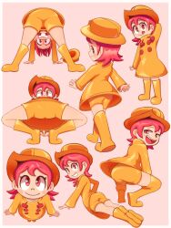  1girl absurdres all_fours arm_behind_head arm_up arms_at_sides ass ass_shake boots border closed_mouth coat eyebrows eyelashes female_focus flashfigure from_above from_behind from_side full_body grin half-closed_eyes hands_on_own_thighs hat highres leaning_forward loli long_sleeves looking_at_viewer looking_back looking_to_the_side looking_up matching_hair/eyes medium_hair multiple_views naughty_face open_mouth pink_background profile raincoat red_eyes red_hair rubber_boots shorts simple_background skullgirls smile solo squatting standing teeth tiptoes tongue tongue_out umbrella_(skullgirls) upper_teeth_only variant_set white_border yellow_boots yellow_coat yellow_hat yellow_shorts 