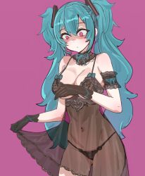  1girl ani_(xai) ani_(xai)_(cosplay) aqua_bow aqua_hair arm_garter babydoll bare_shoulders black_gloves black_panties bow bow_(bhp) breasts cleavage closed_mouth cosplay covered_navel cowboy_shot detached_collar gloves hatsune_miku highres lingerie long_hair looking_down medium_breasts navel panties pink_background pink_eyes shaded_face sidelocks simple_background skirt_hold solo standing string_panties twintails unamused underwear vocaloid xai_(company) 