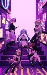  5girls absurdres ahoge aqua_eyes arm_warmers belt blonde_hair blue_eyes blue_hair boots chain choker crop_top drill_hair eyewear_on_head fingerless_gloves flower_(vocaloid) gloves green_eyes green_hair gumi hair_ornament hairband hairclip hatsune_miku high_heel_boots high_heels highres himehina_channel jewelry kagamine_rin kasane_teto kasane_teto_(sv) kneeling leg_warmers long_hair looking_at_viewer midriff multicolored_hair multiple_girls nail_polish navel necklace neon_lights pants purple_hair red_eyes red_hair ribbed_sweater ring short_hair short_shorts shorts sitting skirt sleeveless sleeveless_turtleneck smile stairs standing strapless streaked_hair sunglasses sweater synthesizer_v thighhighs translucent tube_top turtleneck twin_drills twintails v vocaloid yanagida_shiina 