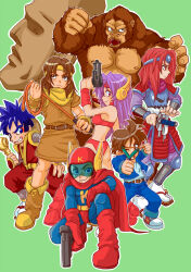 1girl 5boys android ape armor belt bikini blue_eyes blue_hair blue_jacket blue_shirt bodystocking boots brown_eyes brown_hair cape castlevania_(series) crossover fishnet_bodystocking fishnets ganbare_goemon getsu_fuuma getsu_fuuma_den giant giant_monster gloves goemon gorilla gradius green_background gun handgun headband helmet jacket kaiju katana king_kong king_kong_(series) king_kong_2:_furious_megaton_punch king_kong_lives konami konami_lady konami_man konami_wai_wai_world long_hair makinaminami911 michael_walsh_(the_goonies) moai-kun moai_alexandria monster multiple_boys multiple_crossover muscular muscular_arms muscular_other open_clothes open_jacket pectorals purple_eyes purple_hair red_eyes red_hair samurai sheath shirt short_hair simon_belmont simple_background slingshot_(weapon) smoking_pipe statue swimsuit sword the_goonies the_goonies_(video_game) vampire_killer weapon whip