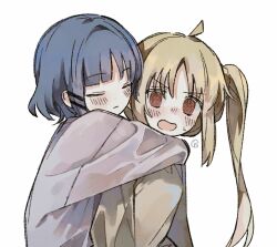  2girls artist_logo blonde_hair blue_hair blush bocchi_the_rock! hair_ornament hairclip hug hug_from_behind ijichi_nijika kimiso0129 logo long_sleeves multiple_girls orange_eyes short_hair side_ponytail simple_background surprised sweat white_background yamada_ryo yuri 