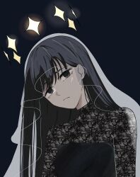 1girl 2c4343 black_dress black_hair closed_mouth commentary dress expressionless grey_eyes head_tilt highres long_hair looking_at_viewer osaragi_(sakamoto_days) sakamoto_days simple_background solo veil 