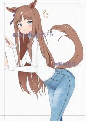  1girl adversarial_noise alternate_costume animal_ears blue_eyes blue_pants blush border bow breasts brown_hair brown_tail casual closed_mouth commentary copyright_notice cowboy_shot denim ear_ornament ear_ribbon ears_down grass_wonder_(umamusume) highres horse_ears horse_girl horse_tail jeans leaning_forward legs_together long_hair long_sleeves looking_at_viewer notice_lines outside_border pants ribbed_sweater simple_background sleeves_past_wrists small_breasts solo standing sweatdrop sweater sweater_tucked_in tail turtleneck turtleneck_sweater twitter_username umamusume white_background white_border white_sweater yamano_rokamizu 