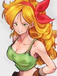  1girl blonde_hair breasts brown_gloves cleavage collarbone dragon_ball dragon_ball_(classic) gloves green_eyes grey_background hairband kemachiku long_hair looking_at_viewer lunch_(bad)_(dragon_ball) lunch_(dragon_ball) medium_breasts midriff navel red_hairband simple_background smile solo  rating:Sensitive score:53 user:danbooru