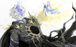  1boy 1girl absurdres black_robe blue_cape cape chinese_commentary coat commentary_request cyrene_(honkai:_star_rail) dawnmaker_(honkai:_star_rail) dress dual_persona flame_reaver_of_the_deepest_dark gold_blood highres hole_in_chest hole_on_body honkai:_star_rail honkai_(series) phainon_(honkai:_star_rail) purple_coat qinglan1044 robe short_hair wheat wheat_field white_dress white_hair 