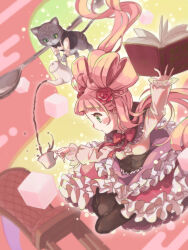  1girl black_pantyhose book bow bowtie cafe_(chuu_no_ouchi) cat chair cup dress floating_hair flower frilled_dress frills green_eyes hair_flower hair_ornament highres holding holding_book holding_cup long_hair original pantyhose pink_hair red_bow red_bowtie red_flower red_rose rose solo spoon sugar_cube teacup teapot 