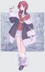  1girl :d absurdres ange_katrina ange_katrina_(1st_costume) arched_window bare_legs black_boots black_coat blue_eyes book boots border bottle cardigan clock coat commentary_request earrings flask flat_chest full_body glint grey_border hair_between_eyes hair_intakes hair_ornament hand_up hexagram highres holding hoop_earrings jewelry long_bangs long_sleeves looking_at_viewer medium_hair million_mandala monochrome_background nijisanji off_shoulder open_book open_mouth outside_border pale_color red_cardigan red_hair ring round-bottom_flask smile solo spray_bottle standing star_of_david teeth triangle_hair_ornament turning_head upper_teeth_only virtual_youtuber wide_sleeves window 