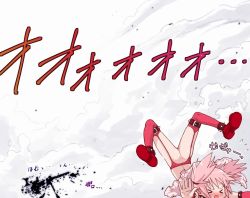 &gt;_&lt; 10s 1girl arm_warmers ass babydoll blush closed_eyes collar detached_sleeves disintegration female_focus garter_belt homu kaname_madoka kaname_madoka_(sexy_madoka) lingerie mahou_shoujo_madoka_magica mahou_shoujo_madoka_magica_(anime) no_panties official_style open_mouth panties pink_hair red_thighhighs short_hair short_twintails smoke solo tears teri_terio thighhighs translated twintails underwear upside-down rating:Questionable score:27 user:danbooru