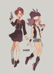  2girls :o baseball_cap big_hair black_boots black_shoes black_skirt blue_eyes blue_shorts boots brown_hair commentary_request crossover english_text gekkoukan_high_school_uniform grey_background gun hair_ornament hat high_ponytail highres hilda_(pokemon) hime_(himetya105) holding holding_gun holding_poke_ball holding_weapon lace-up_boots loafers long_hair looking_at_viewer multiple_girls nintendo open_mouth persona persona_3 persona_3_portable poke_ball poke_ball_(basic) poke_ball_print pokemon pokemon_bw ponytail print_hat red_eyes school_uniform shiomi_kotone shirt shoes short_shorts shorts simple_background skirt smile socks weapon white_hat white_shirt white_socks x_hair_ornament 