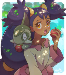 1girl abstract_background apple arm_at_side axew big_hair brown_eyes child closed_eyes collarbone cyaneko dark-skinned_female dark_skin eating eyelashes female_focus fingernails flat_chest food fruit gen_5_pokemon gym_leader hand_up happy highres holding holding_food iris_(pokemon) leaves_on_hair light_blush long_hair long_sleeves looking_at_viewer low-tied_long_hair neck nintendo on_shoulder open_mouth outdoors pokemon pokemon_(creature) pokemon_bw pokemon_on_shoulder purple_hair shirt signature standing tree twintails upper_body v-neck very_long_hair wide_sleeves yellow_shirt