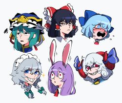  &gt;:) 6+girls :o animal_ears annoyed asymmetrical_hair black_eyes black_hair blue_eyes blue_hair blue_ribbon blue_vest bow braid cirno collared_shirt collared_vest crying crying_with_eyes_open curly_hair evil_eyes evil_grin evil_smile frilled_bow frilled_hair_tubes frilled_hat frills from_side frustrated furrowed_brow green_hair grey_hair grin hair_between_eyes hair_bow hair_tubes hakurei_reimu hat horizontal_pupils horn_ornament horn_ribbon horns iganashi1 izayoi_sakuya long_hair looking_at_viewer maid_headdress medium_hair multiple_girls neck_ribbon necktie no_pupils open_mouth portrait purple_hair rabbit_ears raised_eyebrows rectangular_pupils red_bow red_eyes red_horns red_necktie red_ribbon reisen_udongein_inaba ribbon shaded_face sharp_teeth sheep_horns shiki_eiki shirt short_hair simple_background smile smug sparkle surprised tears teeth touhou toutetsu_yuuma twin_braids v-shaped_eyebrows vest white_background white_bow white_hair white_shirt wide-eyed 