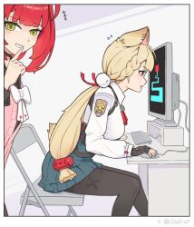  +++ 2girls alice_thymefield animal_ears black_choker black_gloves black_pantyhose black_sailor_collar black_sleeve_cuffs blonde_hair blunt_bangs blunt_ends bow braid braided_bangs breasts cardigan chair choker collared_shirt commentary computer computer_keyboard computer_mouse desk dress_shirt finger_to_mouth fingerless_gloves flying_sweatdrops folding_chair from_side gloves green_eyes green_skirt grin high-waist_skirt holding_computer_mouse jagos_(legocup) leaning_forward light_blush long_hair long_sleeves looking_at_viewer low-tied_long_hair low_twintails medium_breasts miniskirt monitor multiple_girls on_chair pantyhose parted_lips pink_cardigan pleated_skirt rabbit_ears rabbit_girl rabbit_tail red_eyes red_hair sailor_collar scary_maze_game shirt shushing sidelocks sideways_glance sitting skirt smile sphere_hair_ornament strap symbol-only_commentary table tail teeth twintails ukinami_yuzuha very_long_hair white_background white_bow white_shirt zenless_zone_zero 