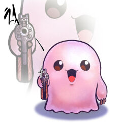  digimon digimon_(creature) gun looking_at_viewer meme mochimon open_mouth shadow smile solo weapon  rating:General score:2 user:Chaos11